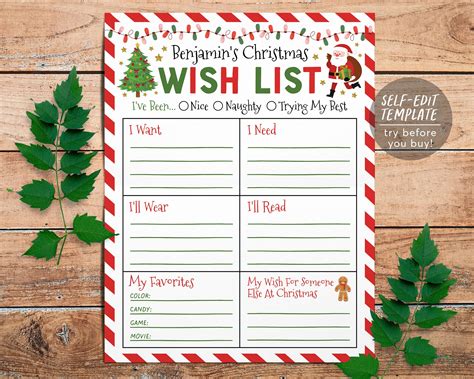 Christmas Wish List For Kids Editable Template, Personalized Holiday W