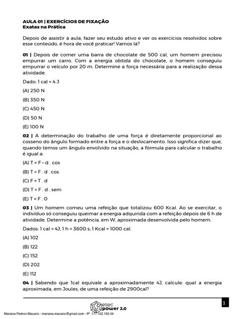 Exercícios De Potência Física - Exercícios de Física: Trabalho e Potência | PDF | Caloria | Potência ...