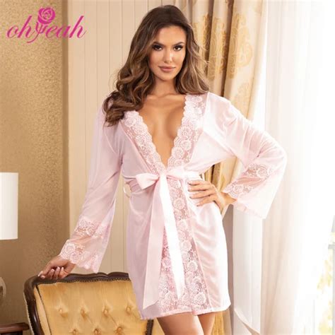 Pink Lace Sexy Hollow Out Back Design Robe Lingerie With Panties