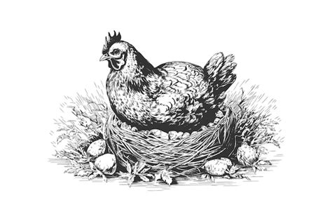 Premium Vector Hen Laying Eggs In The Nest Sketch Hand Drawn Vector