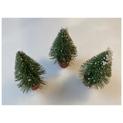 3 Vintage Mica Flocked Bottle Brush Trees Red Wood Barrel Shape Bases Ruby Lane