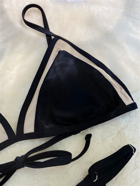 Black Sexy Mesh Bikini Set With Adjustable Shoulder Straps And Back Tied Three Point Beach