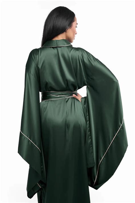 Pure Silk Kimono Dressing Gown In Green IDENTITY LINGERIE