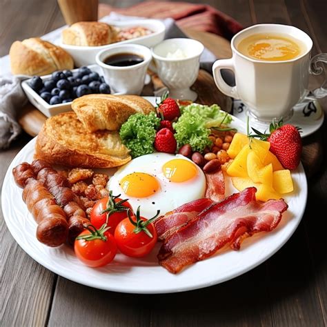 premium photo  plate  breakfast food including eggs bacon  fruit