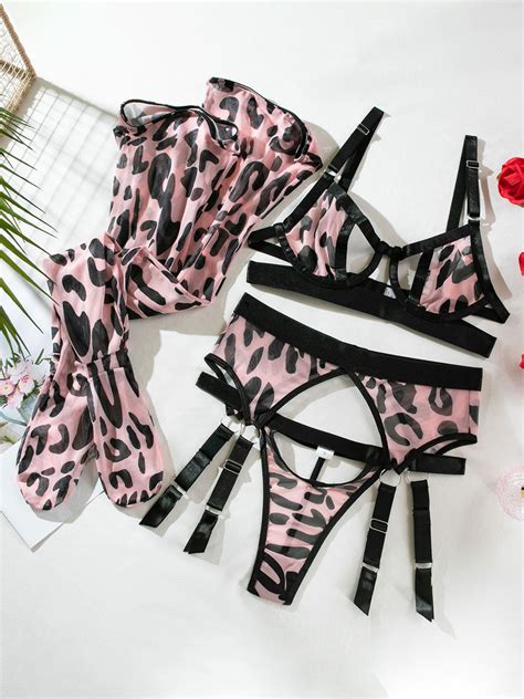 Bra Panty Sets Pink Cut Out Leopard Print Sheer Piece Sexy Adult S Lingerie Milanoo