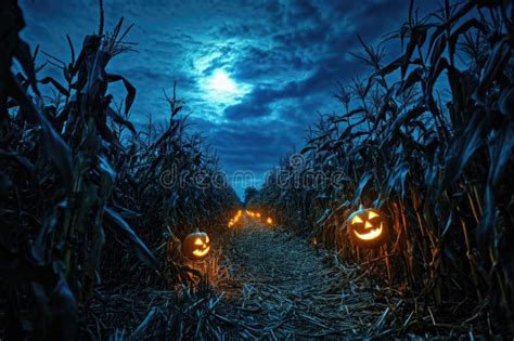 A Haunted Cornfield With Scarecrows And Eerie Lighting Creating A