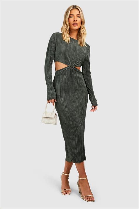 Plisse Cut Out Midaxi Dress Boohoo Uk