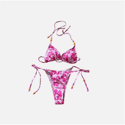 Pink Hawaiian Floral Tropical Print Beaded Bikini Depop
