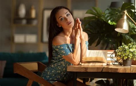 Wallpaper Girl Model Chair Brunette Table Plants Reading Books For Mobile And Desktop