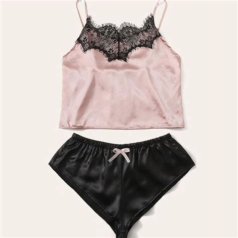 Sexy Satin Spaghetti Strap Camisole And Panty Lace Lingerie Split Pajamas Set N
