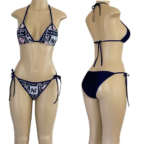 New York Yankees Skimpy String Bikini W Licensed Fabric Stretchy Navy Lycra Scrunched Or Smooth