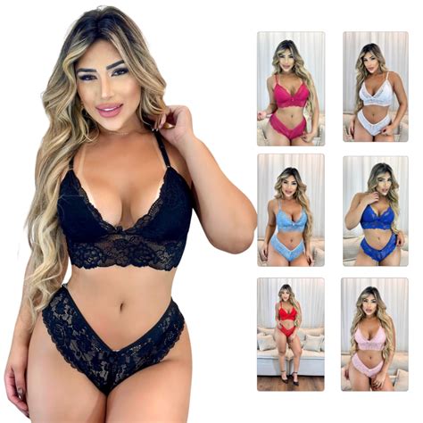 Conjunto Lingerie Feminina Renda Sexy Sem bojo Sutiã e Calcinha Sensual