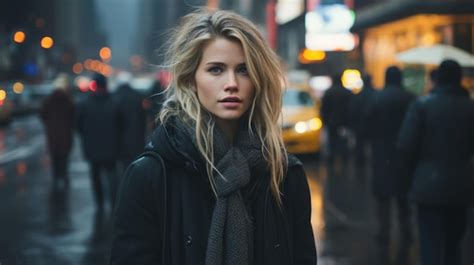 Premium Photo A Beautiful Blonde Woman Standing In The Middle Of A City Street At Night