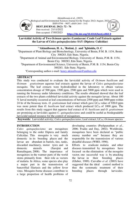 Pdf Larvicidal Activity Of Two Ocimum Species Lamiaceae Crude Leaf