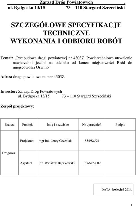 Szczeg Owe Specyfikacje Techniczne Wykonania I Odbioru Rob T Pdf