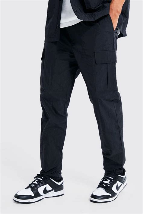 Mens Elastic Waist Slim Fit Crinkle Nylon Cargo Boohoo Uk