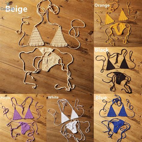 Bikini Set Lace Up Bohemian Swimsuit Bra Thong Hand Crochet Solid Color Shopee Philippines