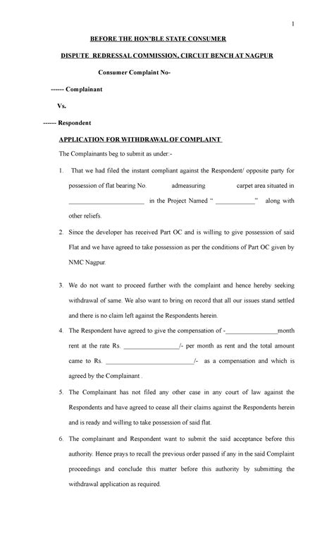 Withdrawal application format - 1 BEFORE THE HON’BLE STATE CONSUMER