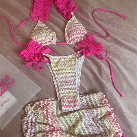 Pink Zigzag Frill Bikini Set Size S Disco Depop
