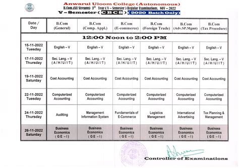 Time Tables Anwarululoom College Best Autonomous College With A