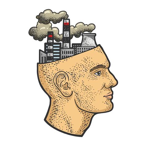 Factory In Head Line Art Color Sketch Vector Stock Vector