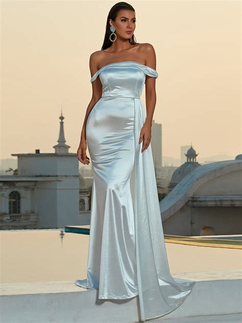Missord Off Shoulder Draped Side Mermaid Hem Satin Formal Dress