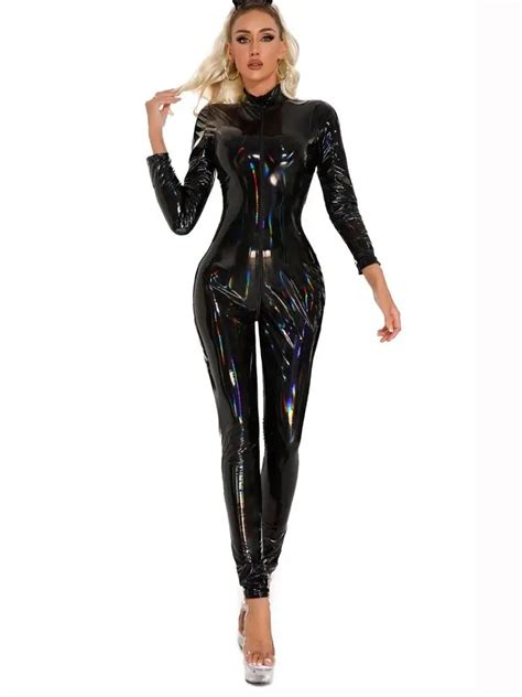 Laser Colorful Cosplay Wet Look Pvc Catsuit Shiny Pu Leather Zipper