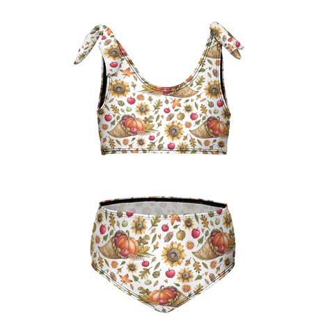 Autumn Watercolor Pattern With Ripe Pumpkins And Sunflower Flowers Girl S Piece Bikini Set