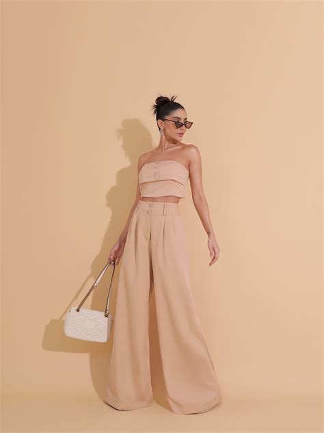 Conjunto Alfaiataria Botões Cós Largo Nude Voga Brand