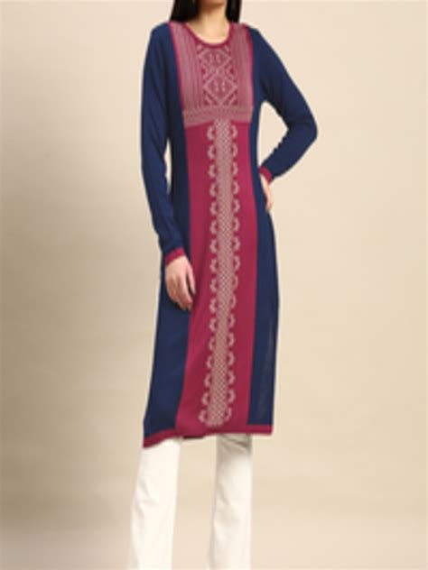 Buy Anouk Women Navy Blue And Maroon Ethnic Motifs Winter Straight Kurta