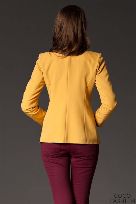 Puffed Shoulder Collarless Seam Yellow Blazer