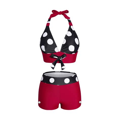 Polka Dots Print Bikini Set Swimsuit Halter Padded Bowknot Bikini Two