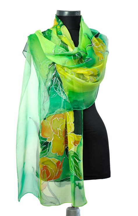 Green Floral Scarf Hand Painted Silk Scarf Silk Chiffon Long Etsy