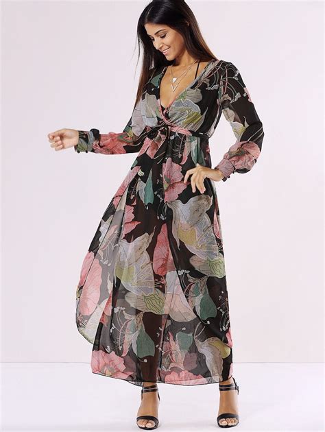 Chiffon Floral Long Sleeve Plunge Wrap Flowy Dress Long Sleeve Plunge