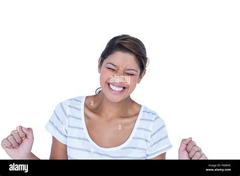 A Pretty Brunette Woman Cheering Stock Photo Alamy