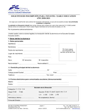 Fillable Online Solicitud De Inscripcin Para Infantil Early Fax