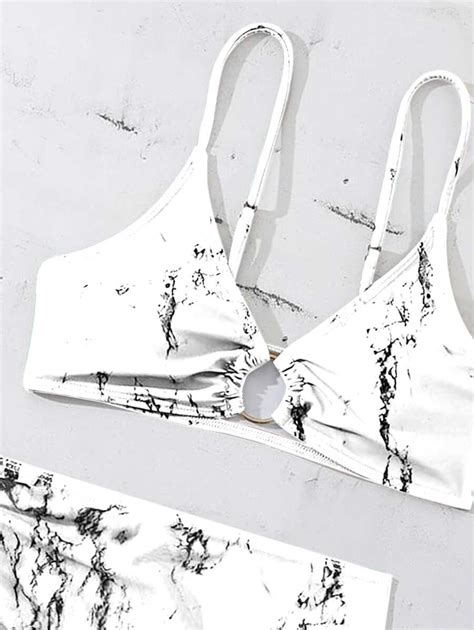 Shein Swim Summer Beach Marble Print Bikini Set Ring Linked Cami Bra High Cut Bottom