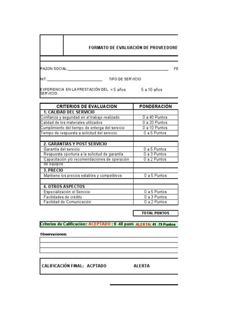 Formato Evaluacion De Proveedores De Servicio Pdf