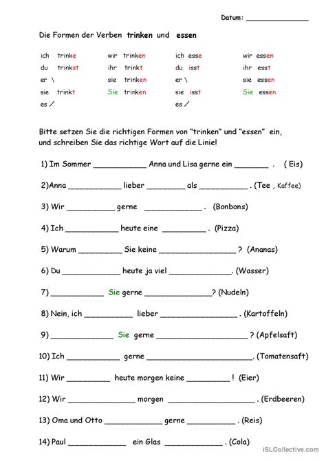 Konjugation Von Trinken Und Esse Deutsch Daf Arbeitsbl Tter Pdf Doc