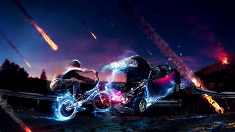 Wallpaper Digital Art Night Car Bicycle Vehicle Fire Crash