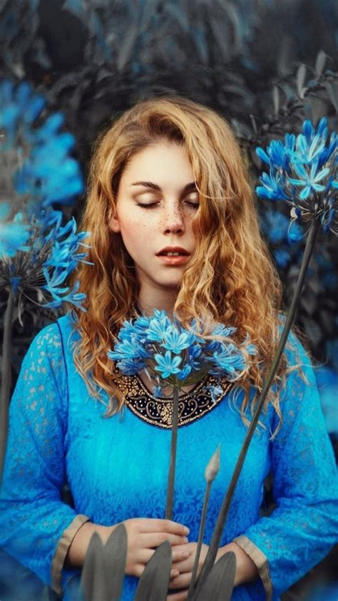 Wallpaper Blue Dress Girl Blonde Blue Flowers Closed Eyes 1920x1440 Picture Image