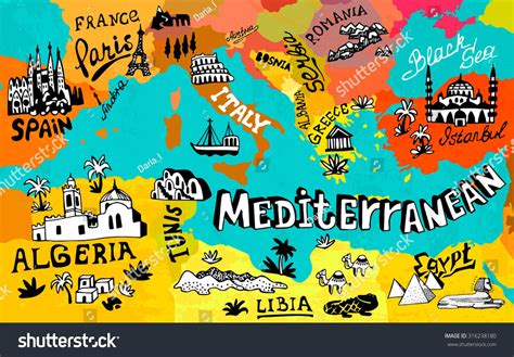 Illustrated Map Mediterranean Stock Vector (Royalty Free) 316238180 ...