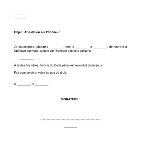 Model De Lettre D Attestation Sur L Honneur Modele De Lettre Type