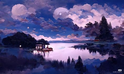 Anime Scenery Wallpaper: Beautiful House on a Lake