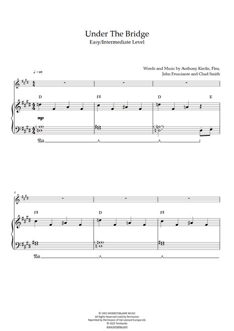 Under The Bridge Easy Intermediate Level With Orchestra Red Hot Chili Peppers Piano Sheet