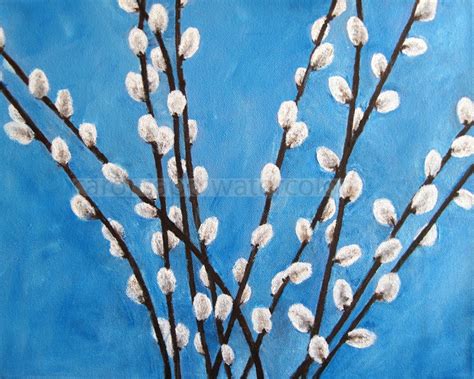 Pussy Willow Painting Pussy Willow Art Garden Painting Acrylic Art Fine Art Print Blue And White