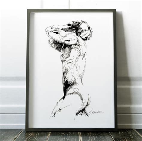 Minimalist Black And White Gay Art Nude Male Art Ink Drawing Homoerotic Gicl E Print Naked Men