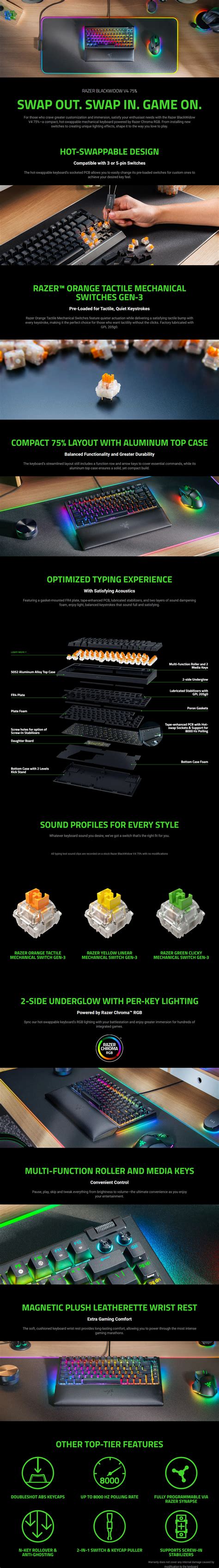 Razer Blackwidow V Hot Swappable Tactile Mechanical Gaming Keyboard Ca