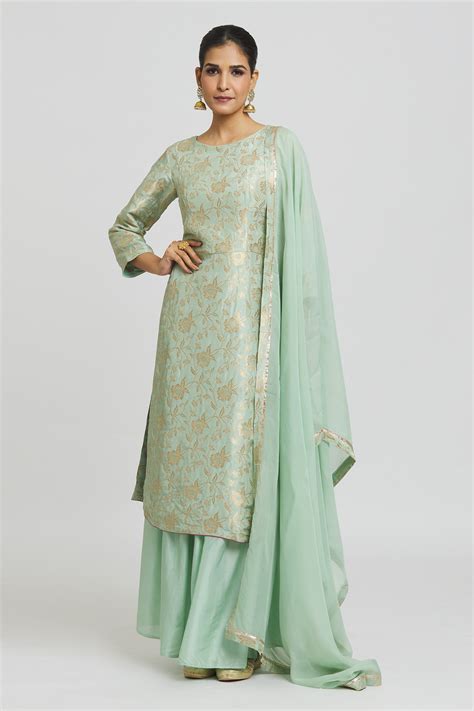 Buy Green Banarasi Brocade Silk Floral Round Kurta Gharara Set For