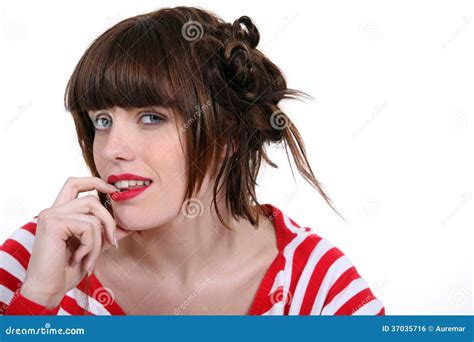 Brunette Wearing Stripy Top Stock Photo Image Of Human Fashion 37035716